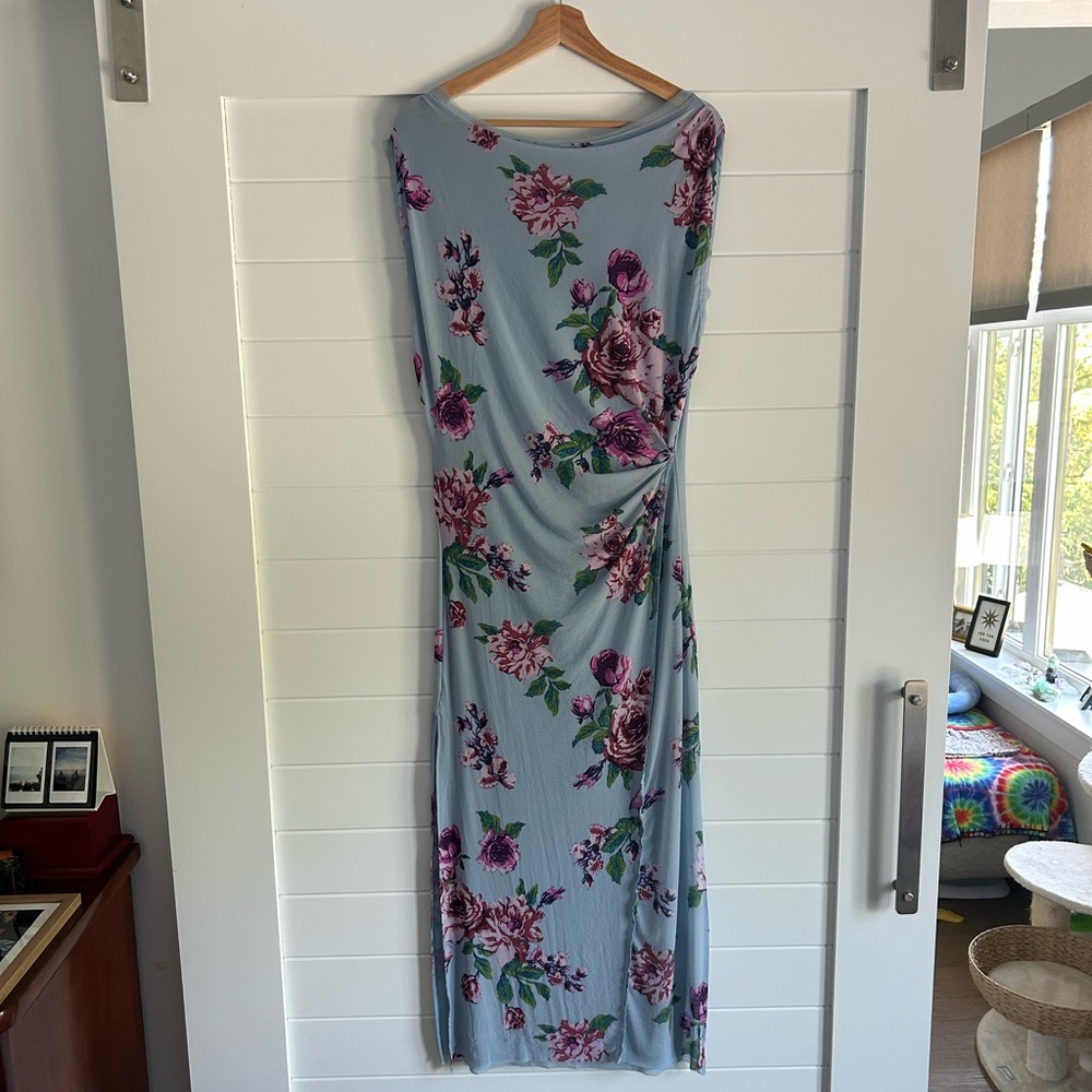 SOLD - Free People Camel Midi Dress in Blue and Purple Floral Size M